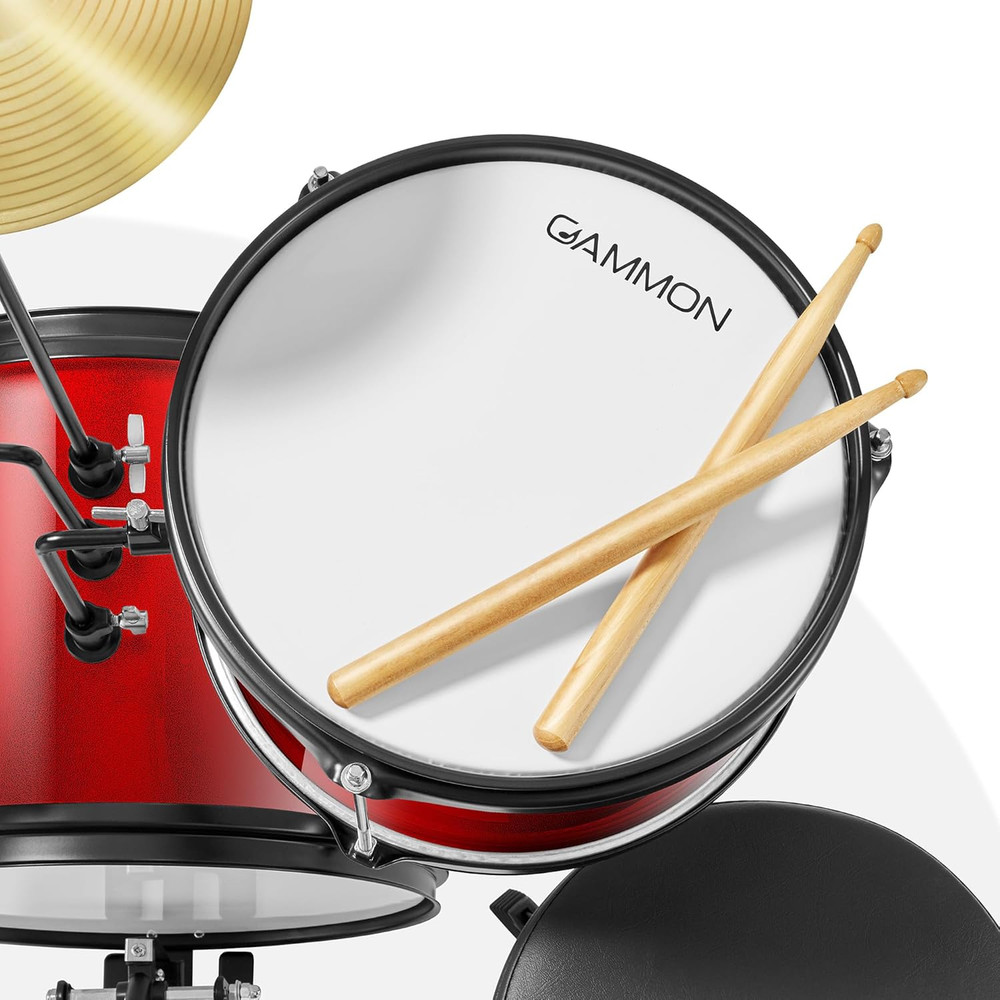 Gammon 3-Piece Junior Drum Set with Throne - Red, Complete Beginner Kit with Bas