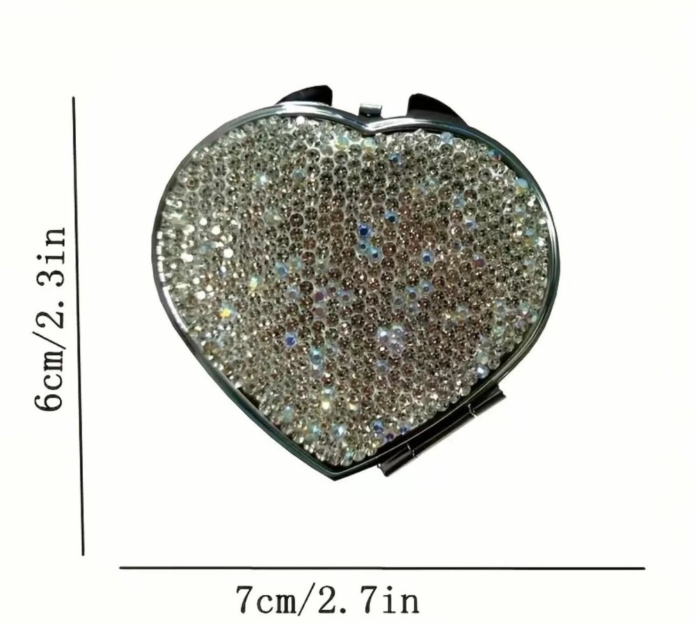 Crystal Encrusted Compact Makeup Mirror Heart Shape Blinged Out White AB Diamond