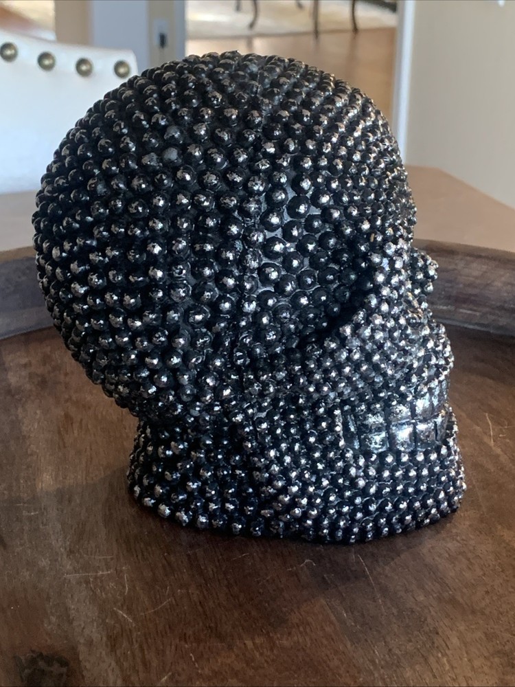 Studded Black Silver Metallic Skeleton Skull Head Sculpture Halloween Decor