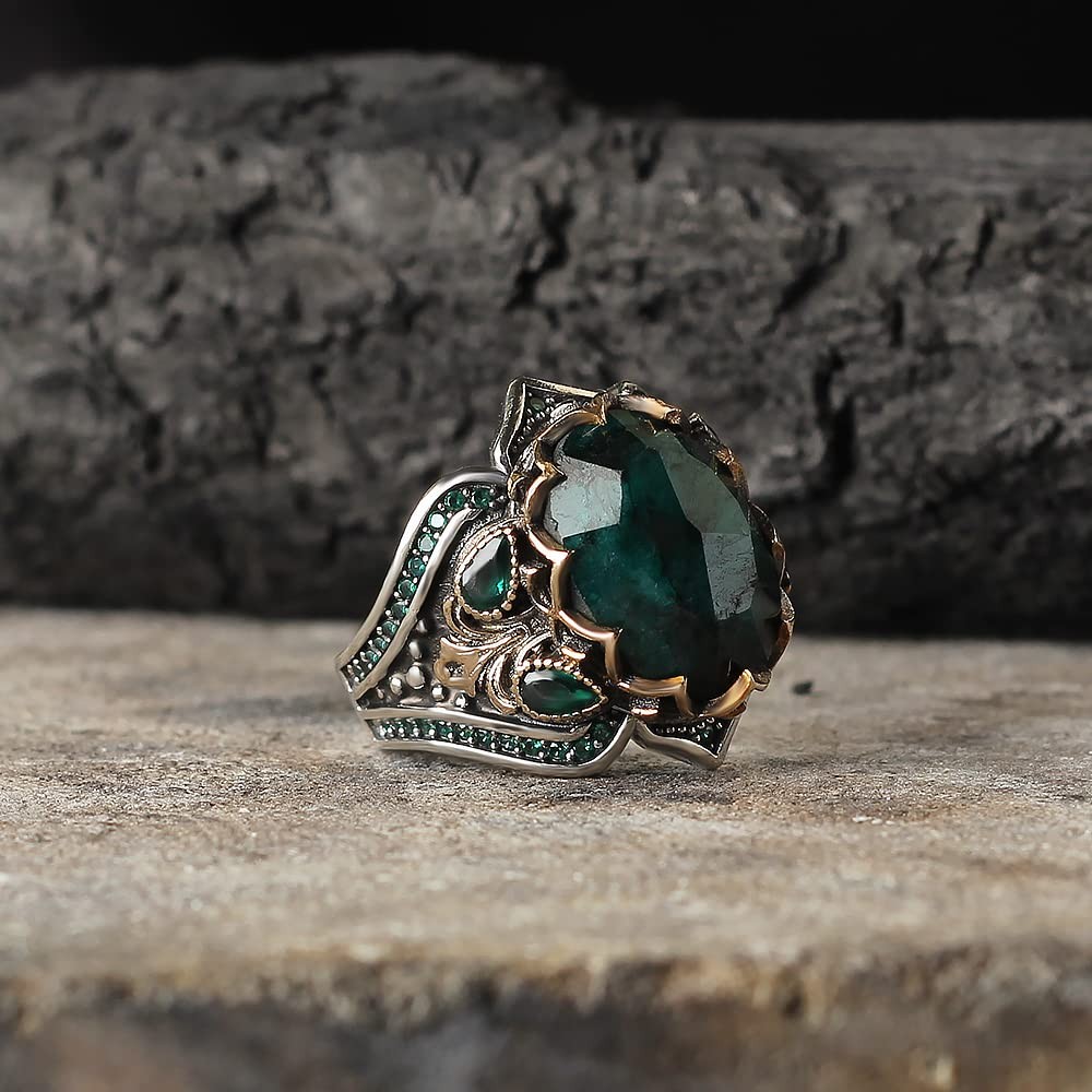 Emerald Stone Men Silver Ring, 925 Sterling Silver Emerald Gemstone Ring,