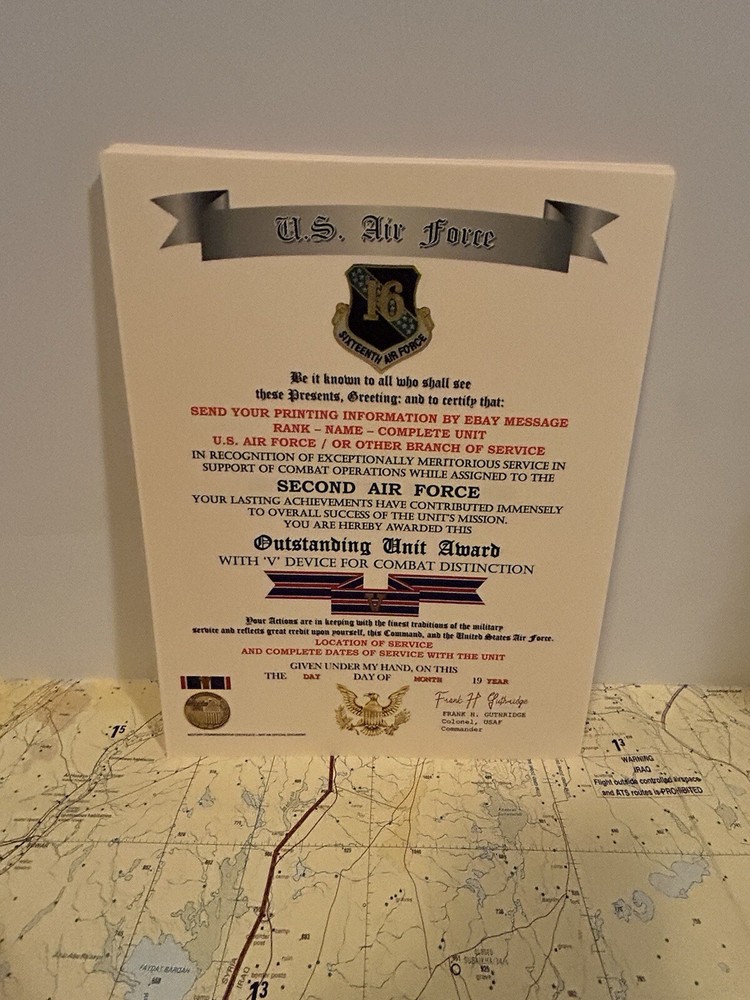 U.S. AIR FORCE / 16TH AIR FORCE - OUTSTANDING UNIT AWARD W/V DEVICE CERTIFICATE