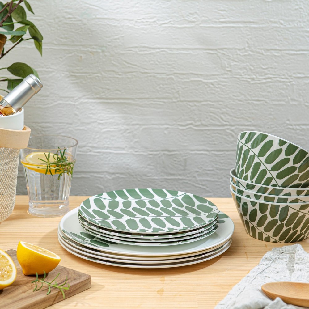 Bzyoo 12-Piece Melamine Dinnerware Set - Leaf | Lightweight, Durable, BPA-Free |