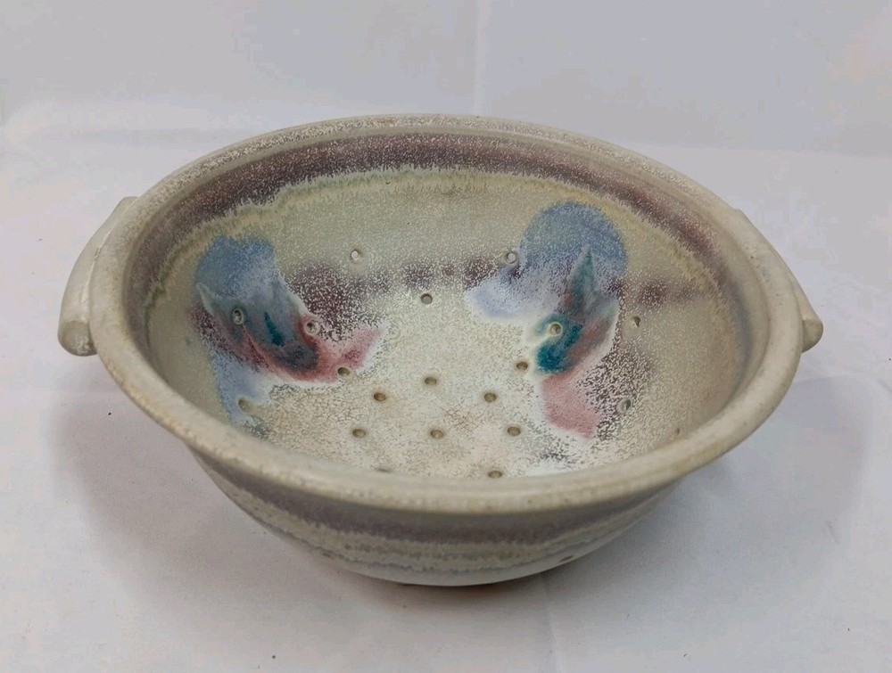 Studio Art Pottery Ceramic Bowl Colander Strainer Signed 8 Inch Diameter