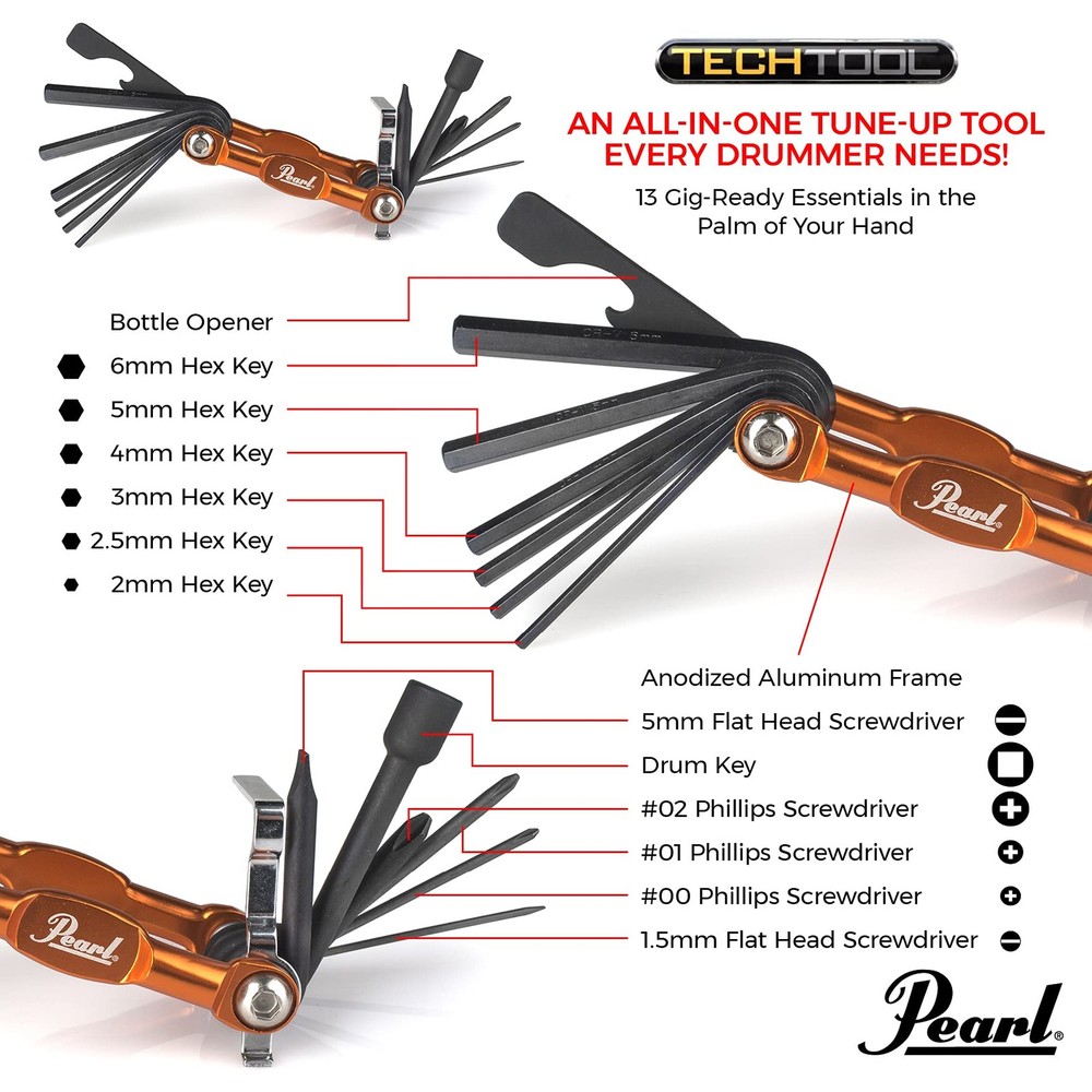 Pearl Tech Tool Drum Key & Multi-Tool - 13-in-1 for Drums, Pedals, Hardware