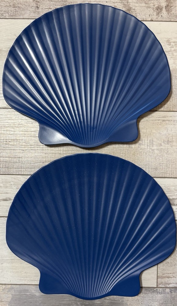 Sun Squad Set Of 2 Melamine Blue Serving Platters Seashell Shape
