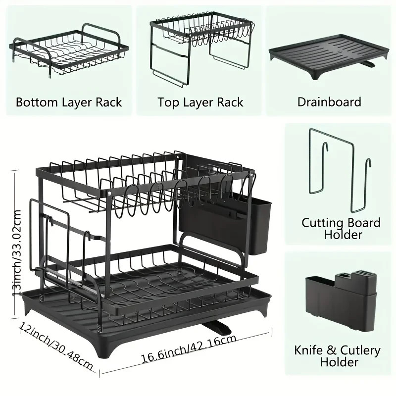 2-Tier Dish Drying Rack Large Capacity Kitchen Organizer Drainer Rack Countertop