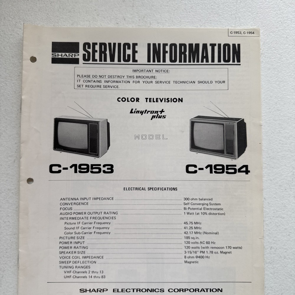 Sharp Electronics Color Television Models C-1953 & C-1954 Service Information
