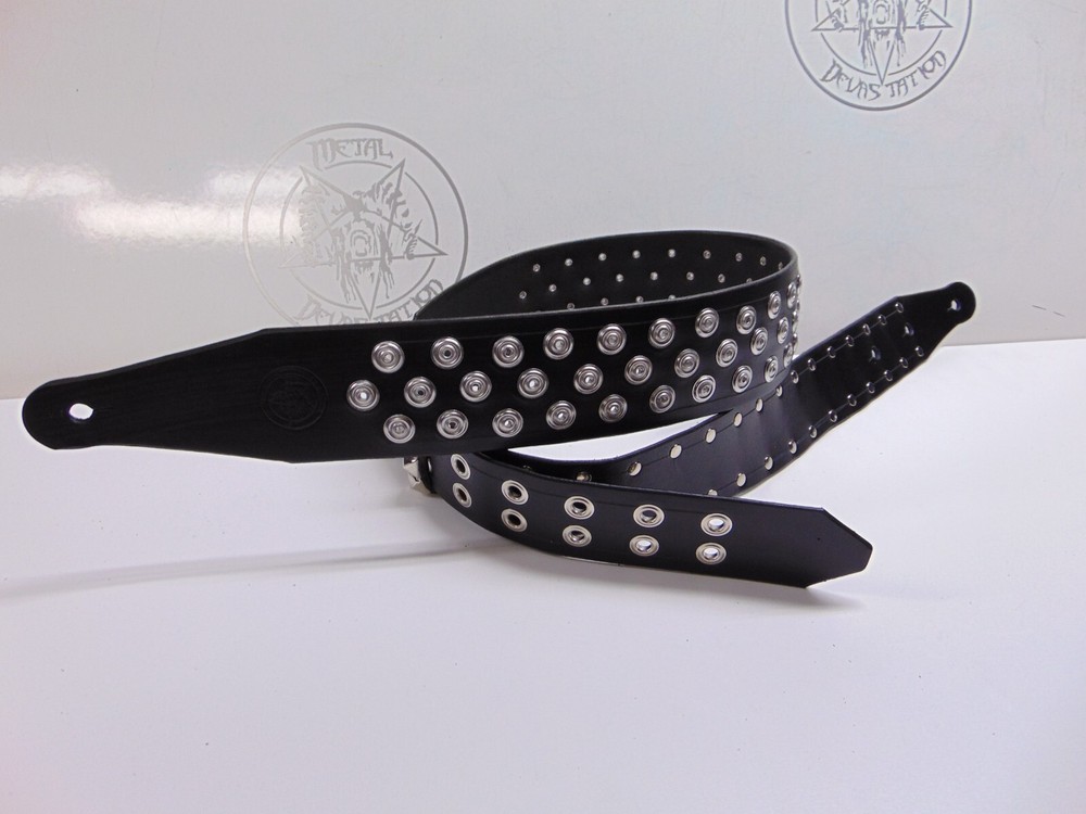 BLASPHEMER... LEATHER SPIKED GUITAR STRAP. BUCKLE UP (MDLS0374)