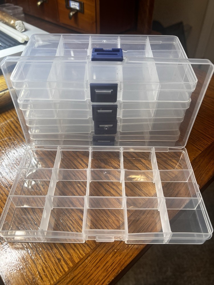 (9) 15 Slot Storage Containers. Clear Plastic Stackable Storage Containers