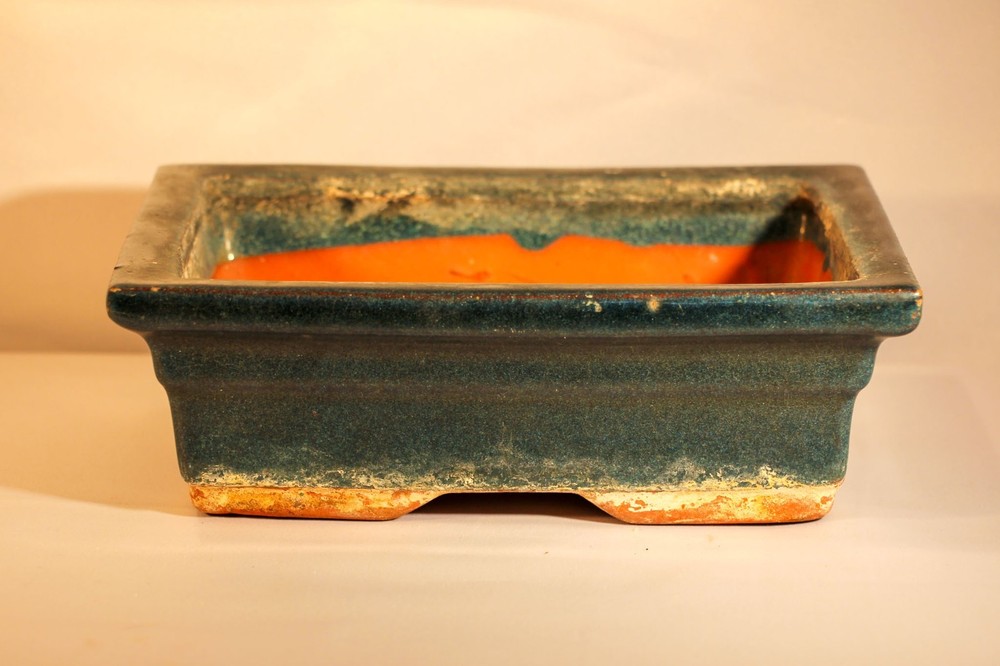 Blue green glazed terracotta shallow rectangular bonsai planter 7 x 5