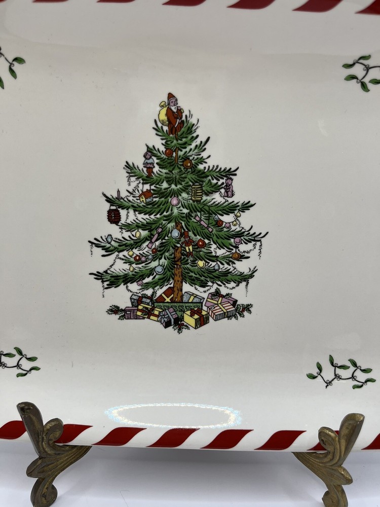 SPODE Christmas Tree Peppermint Dessert Cookie Platter Rectangle 7”x12”