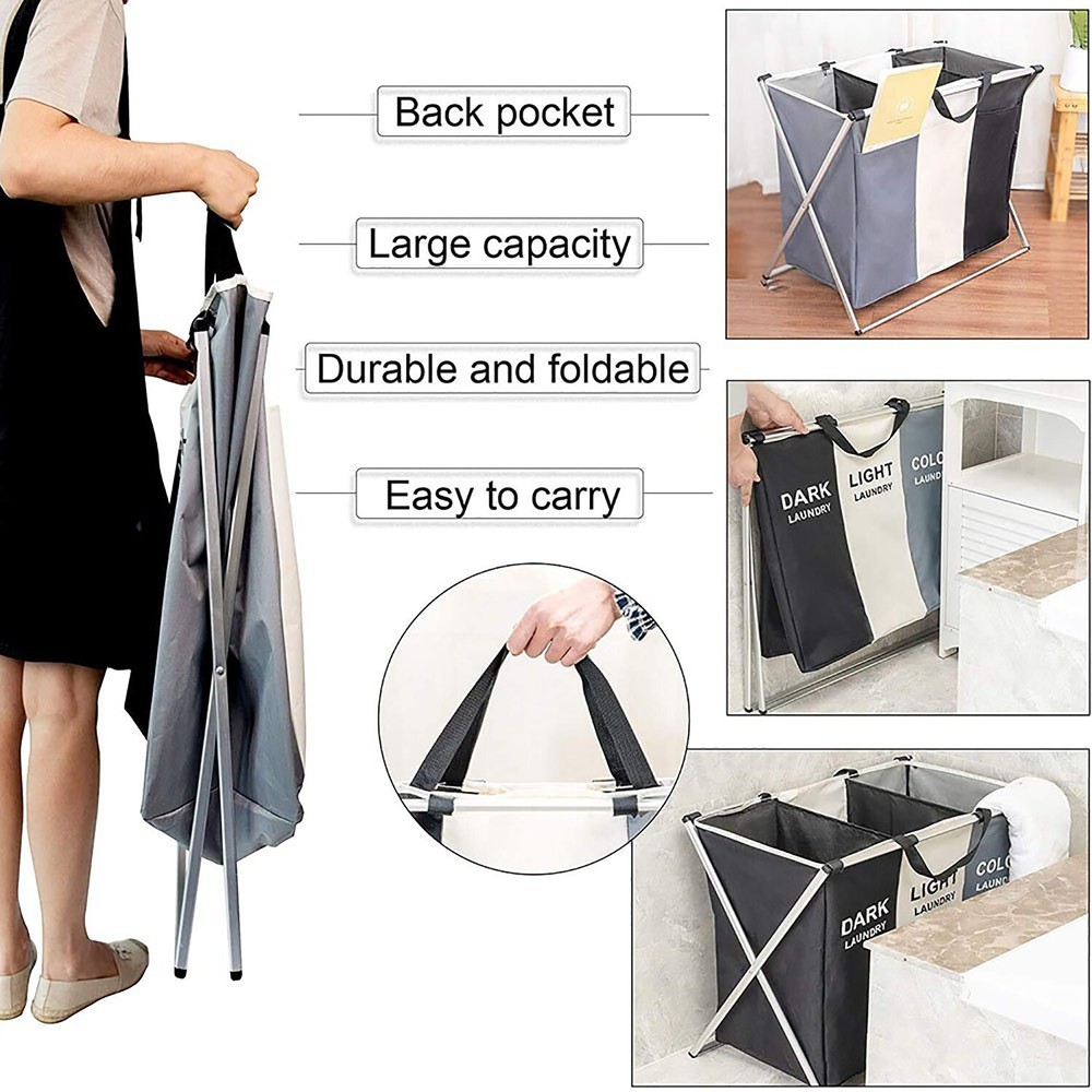 Large Laundry Basket 3 Section Foldable Dirty Clothes Hamper Storage Sorter Bag