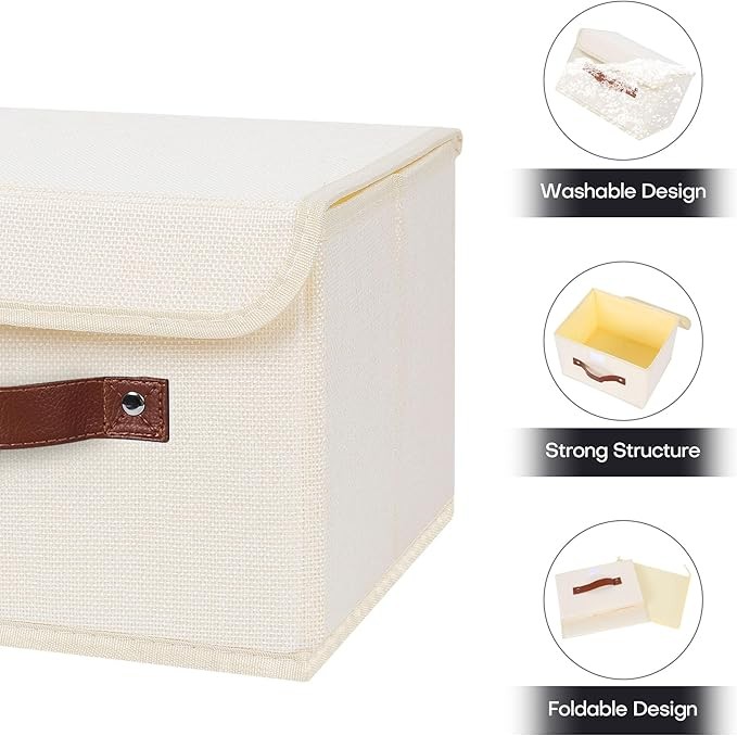 Storage Bin Lid PU Leather Handle Foldable Cotton Linen Beige Small