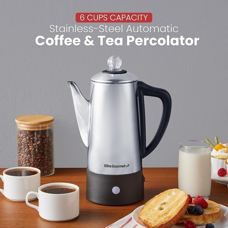 6 Cup Stainless Steel Percolator Coffee Maker Auto Shut-Off Keep Warm Function