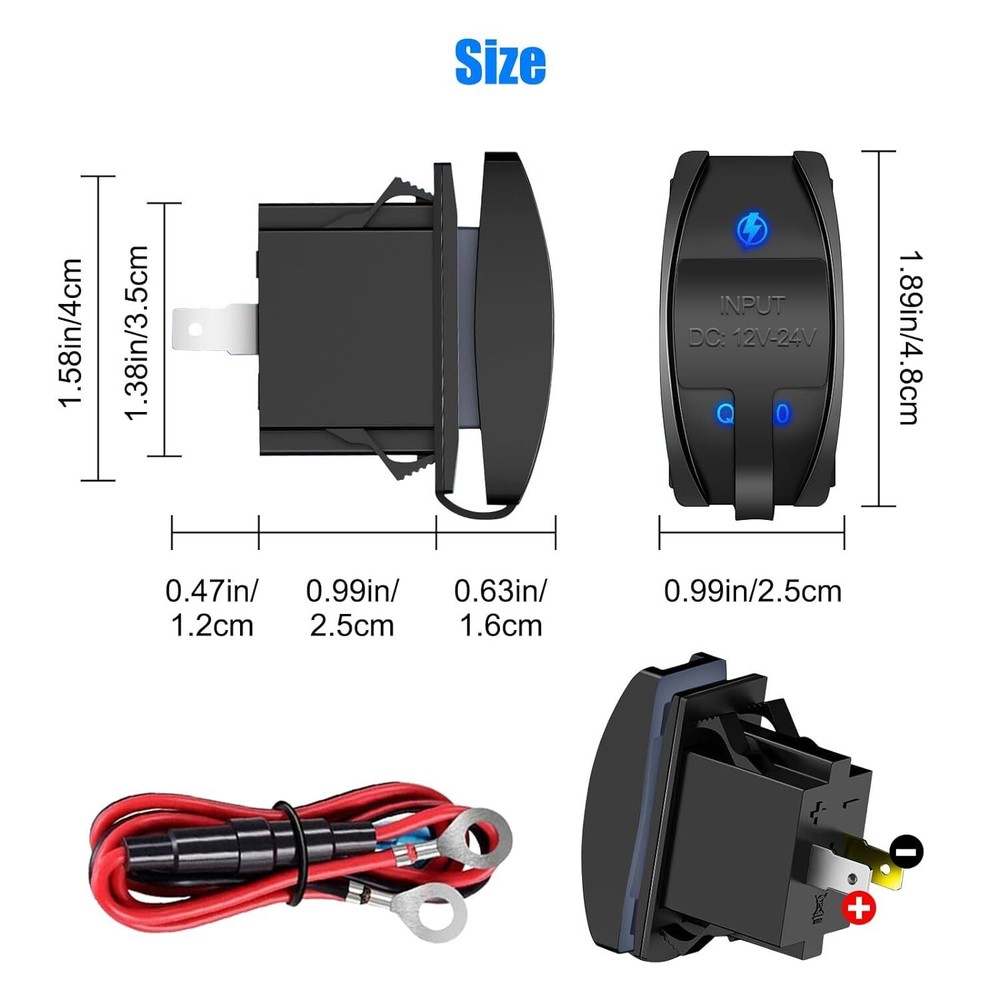 FXC Rocker Switch USB Type C Charger Socket Dual PD and QC 3.0 12V LED Voltmeter