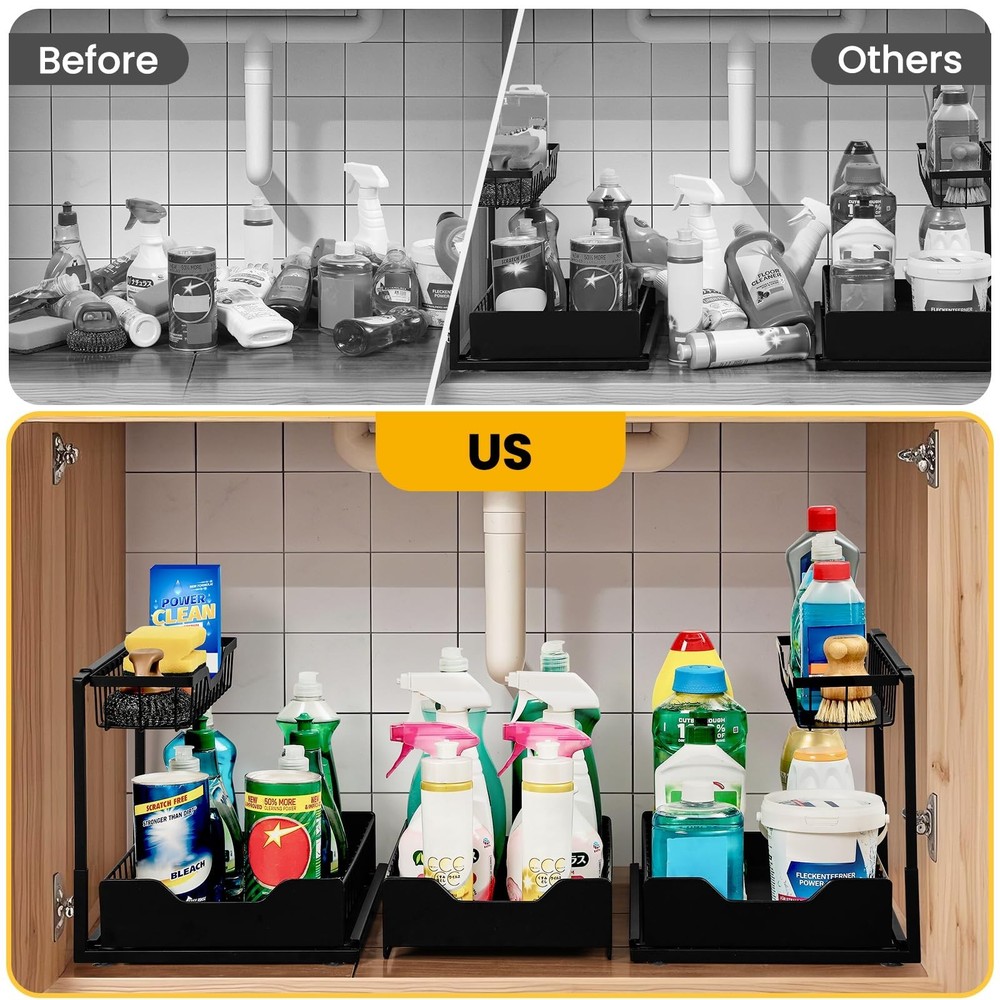 3 Pack, Under Sink Organizer 2-Tier with Slide Out Lower Drawer - Metal Pull ...