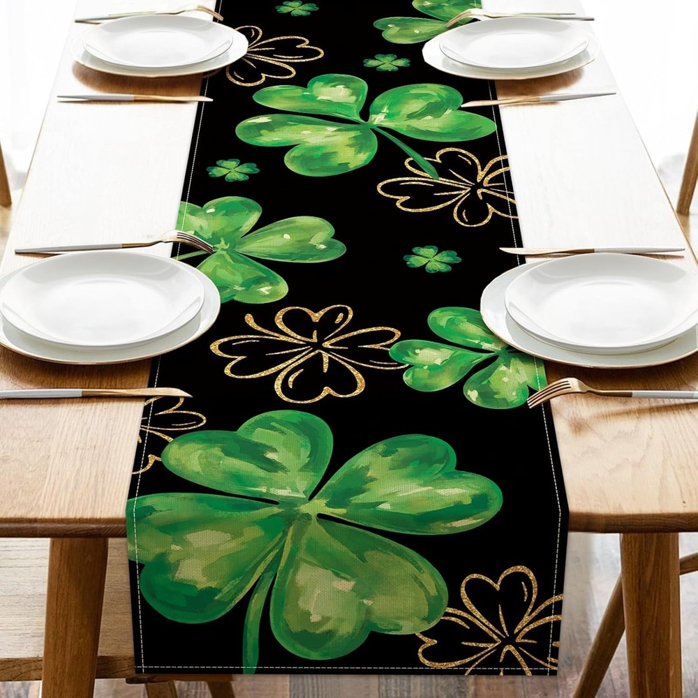 St. Patrick'S Day Black Table Runner, Gold Shamrock Clover Kitchen Dining Table
