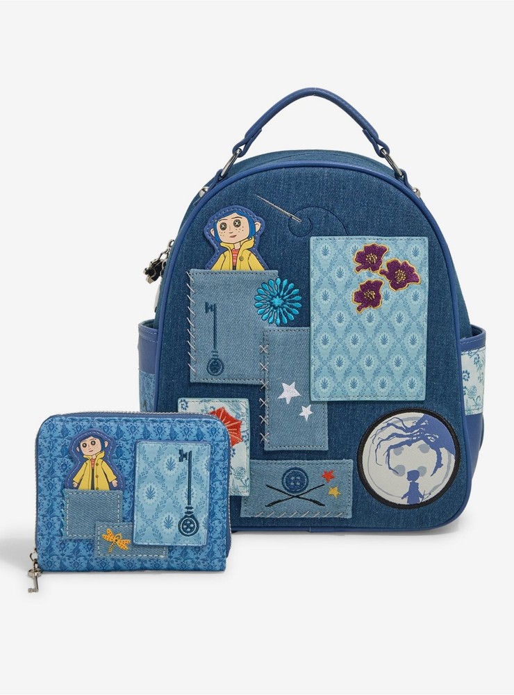 Loungefly Coraline Denim Backpack Wallet Set Patchwork - New With Tags (Wrapped)