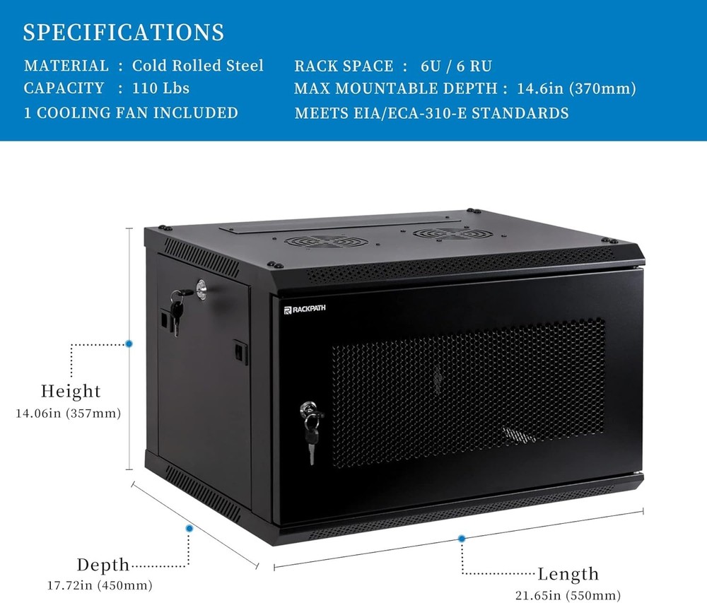 RackPath 6U Wall Mount Server Cabinet Network Rack Enclosure, Quiet Cooling Fan