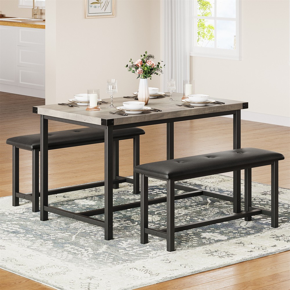✅Dining Table Set for 4 Kitchen Table with 2 Upholstered Benches 3 Piece Kitchen