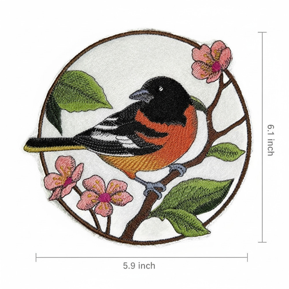 Oriole & Cherry Blossom Circle Embroidered Patch