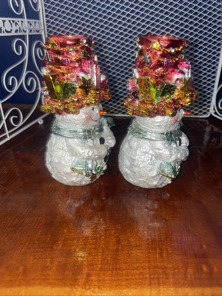 Pair Sparkling Snowmen Candle Holders