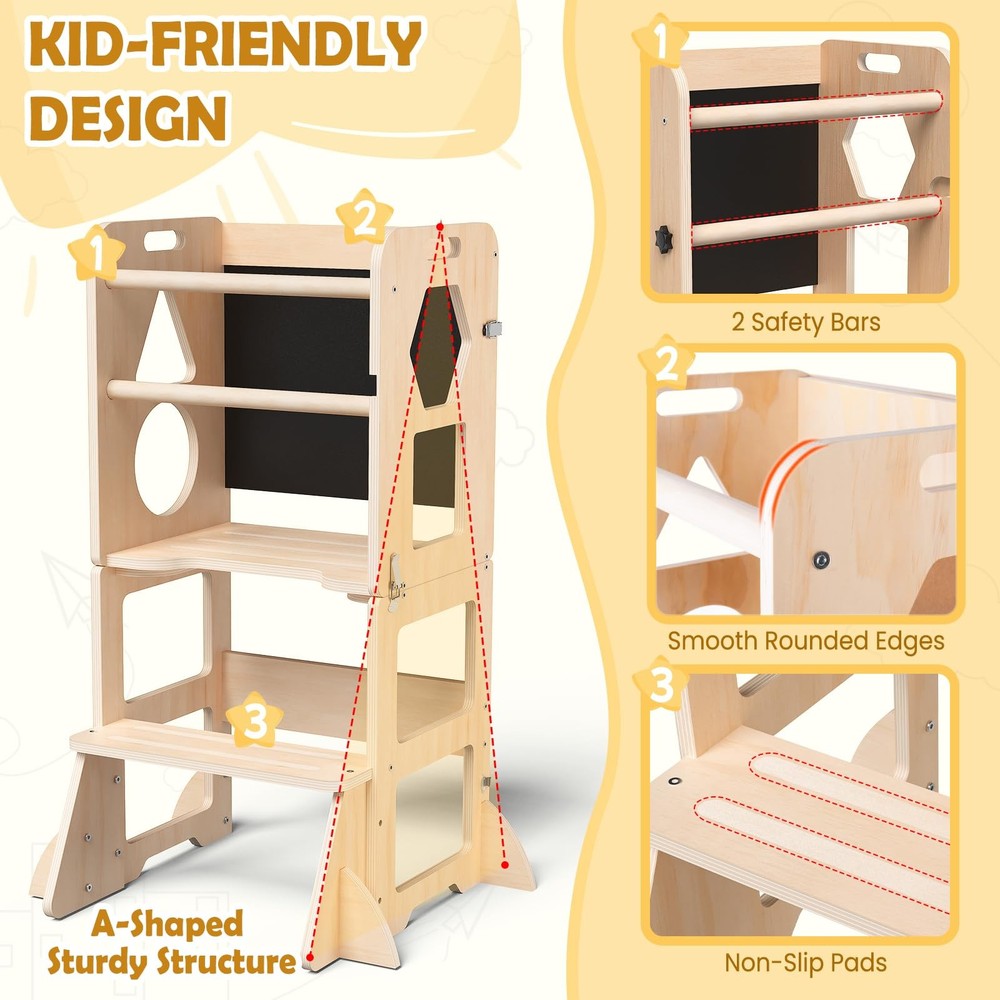 Woodure 4-in-1 Toddler Kitchen Step Stool, Foldable Learning Tower