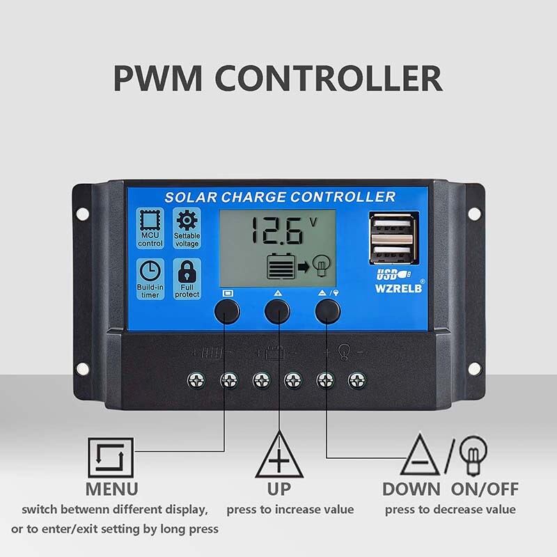 PWM Solar Panel Battery Charge LCD Controller 10A 12V/24VAuto Regulator Dual USB