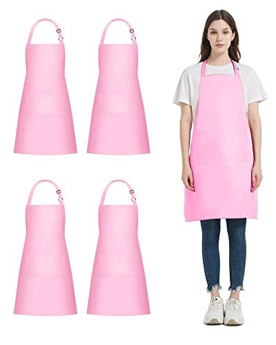4 Packs Chef Apron with 2 Pockets, Waterproof Adjustable Polyester Blend Pink