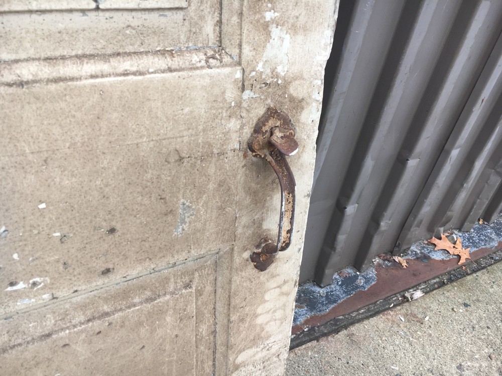 c1830 Raised panel door old crusty paint 77 x 29.5" - Five panel old hardware