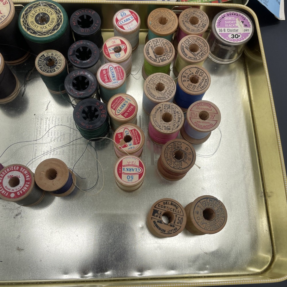 Vintage Thread In Whitmans Tin Wooden Spools