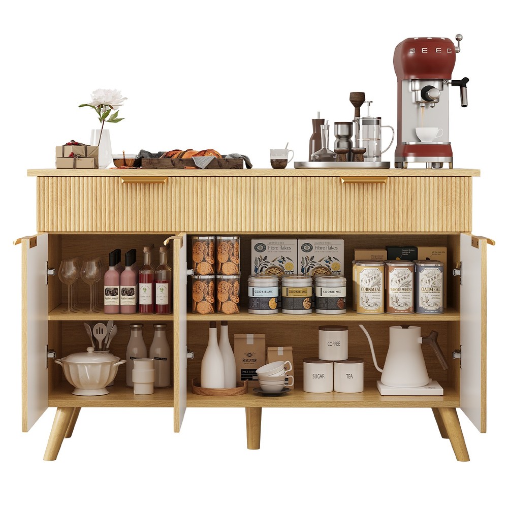 Kitchen Storage Cabinet with Drawers and Doors, Modern Fluted Sideboard Buffet