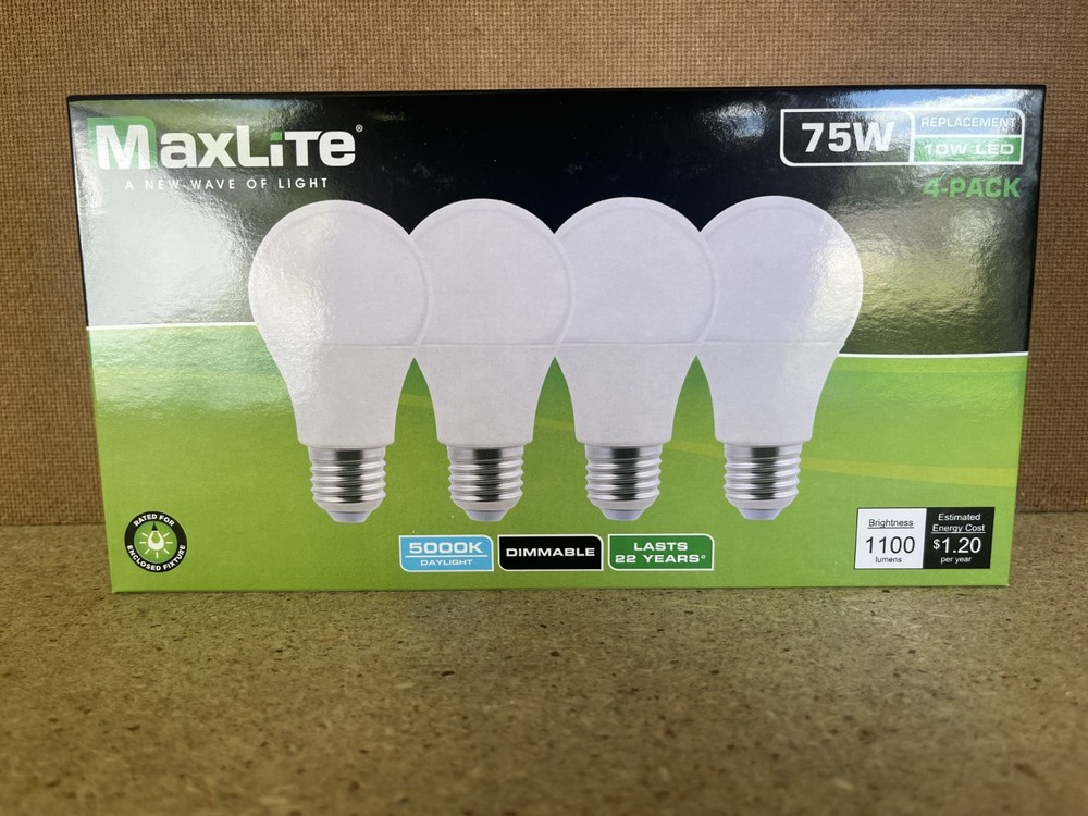 4 Pack Maxlite 10W LED Bulb = 75 watt replace A19 Daylight 5000K LED Light 75w