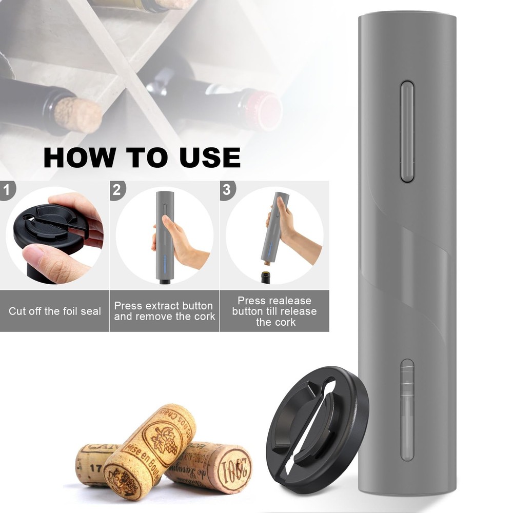 Electric Wine Opener, Automatic Operation Corkscrew, Battery Gray