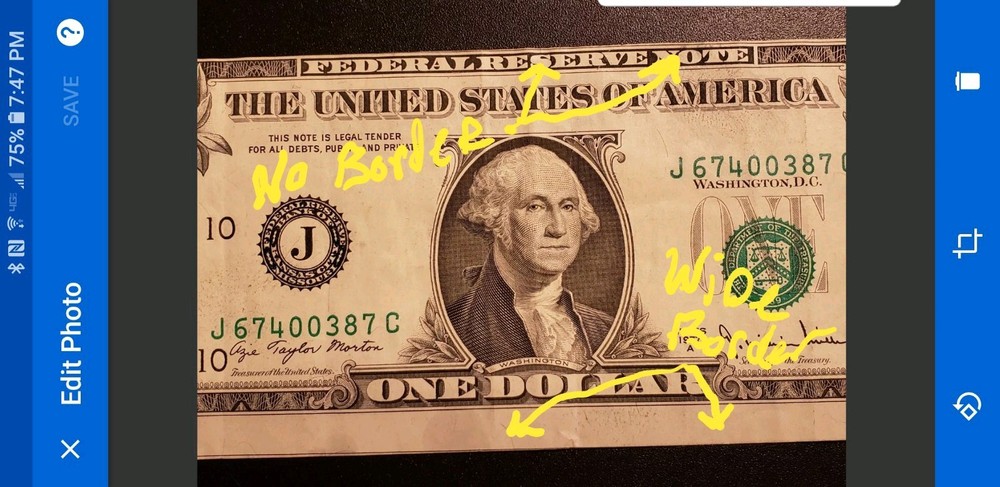 1977 Error Bill Misaligned & Off-Center Seal & Serial # -Obverse Border Missing
