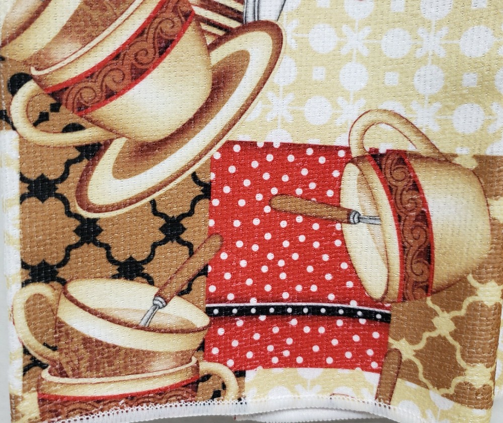 SET OF 2 SAME PRINTED MICROFIBER TOWELS (15 x 25") COFFEE CUPS STACK & SPOONS,SH