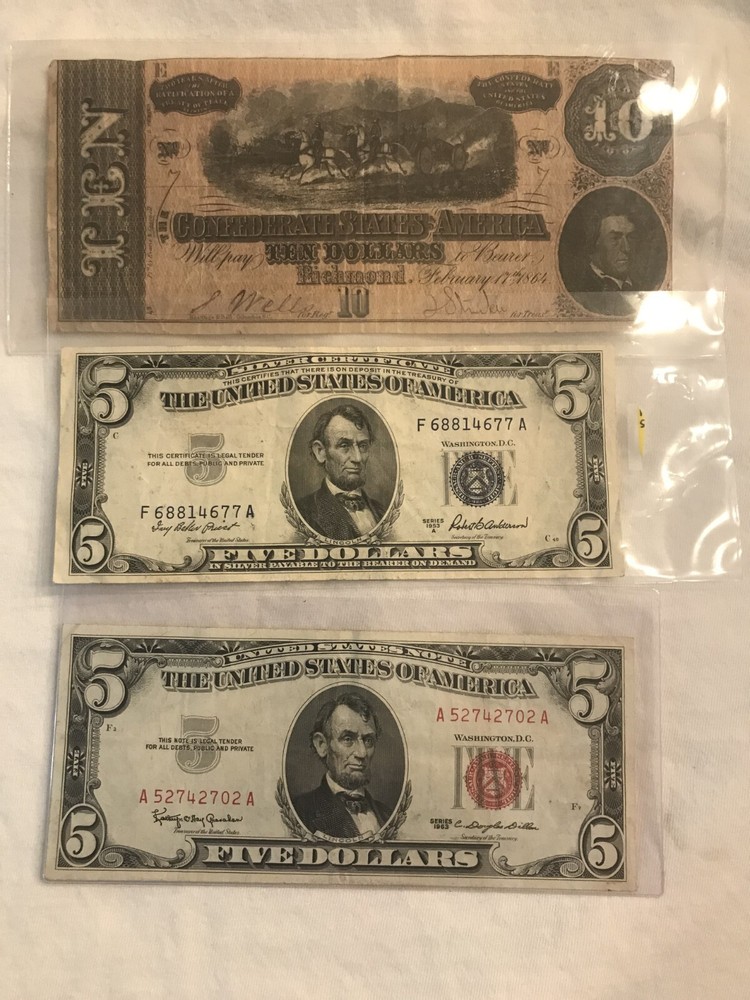 1864 10.$ confederate note, 1963 5.$ red seal note, 1953 silver certificate.