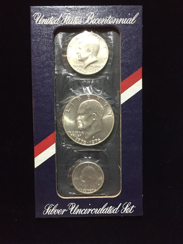 1976 US Mint UNC Set 3 Piece Silver Set, Holder & COA OMP Red Package