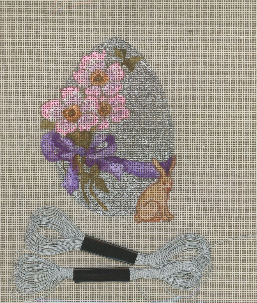 BH Designs Needlepoint Metallic Silver Easter Egg Rabbit HP 18ct Canvas