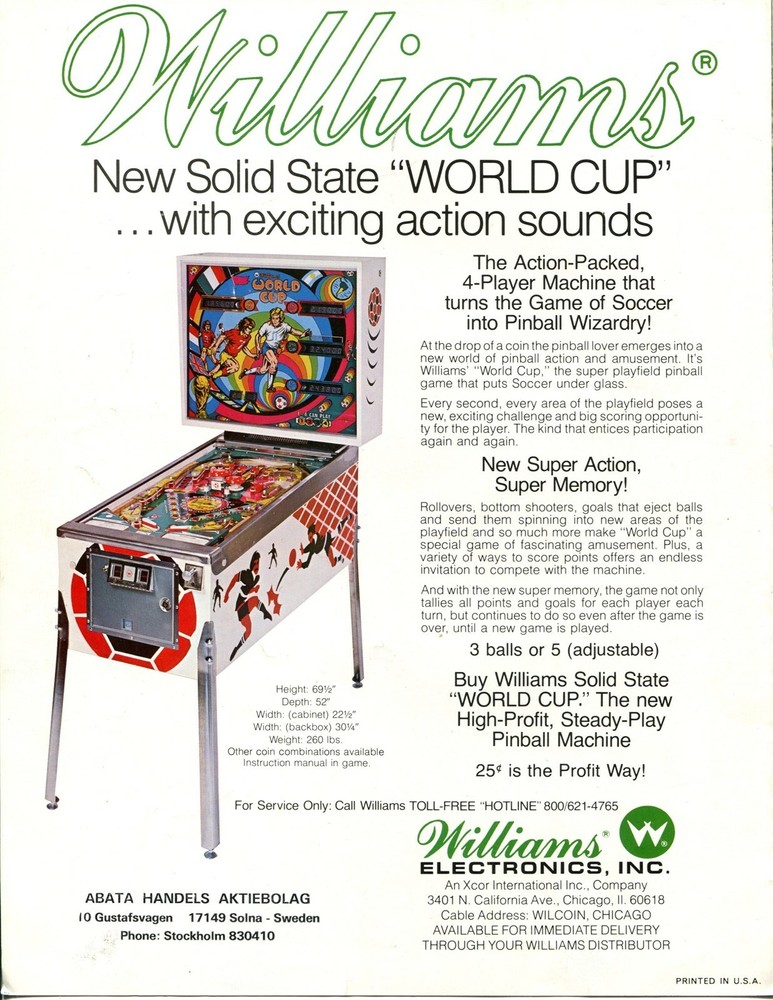 World Cup Williams Pinball Flyer / Brochure / Ad - Mint
