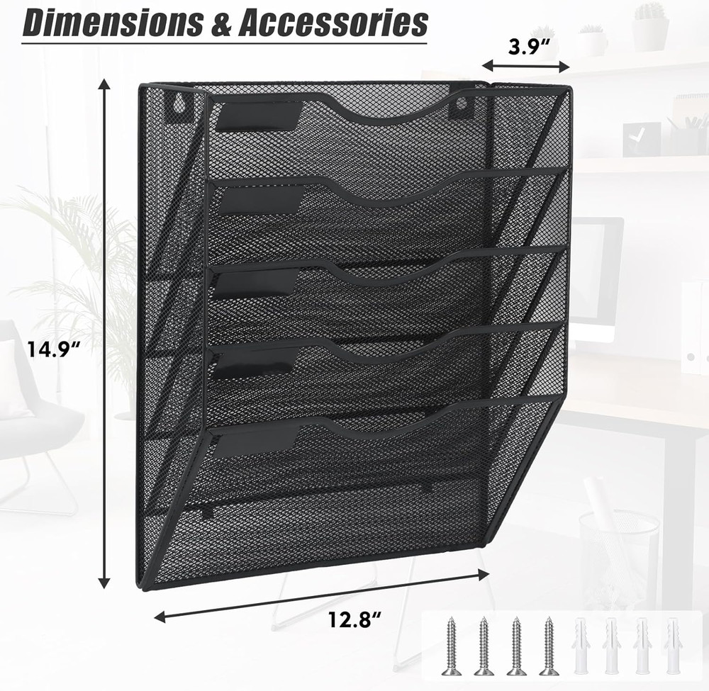 5 Pocket Mesh Hanging Wall File Organizer, Wall Mounted Mail Paper Document Fold