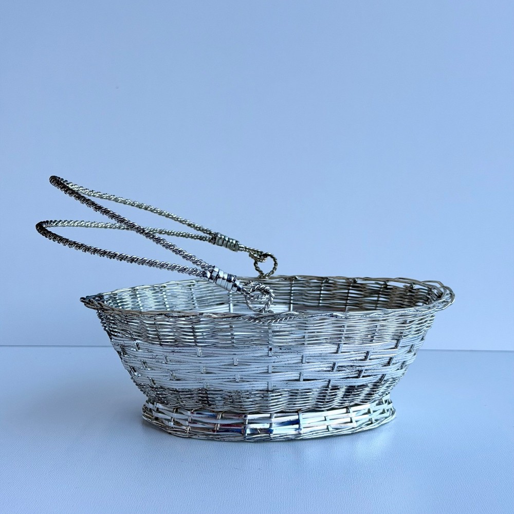 Vintage Wire Metal Basket Silver Small With Handle Easter