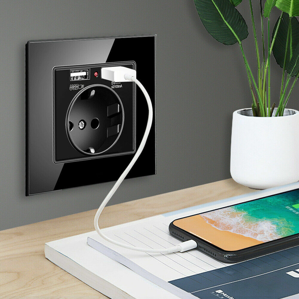 220V EU Glass Panel Wall Socket Electrical Power Outlet With USB Charger Port