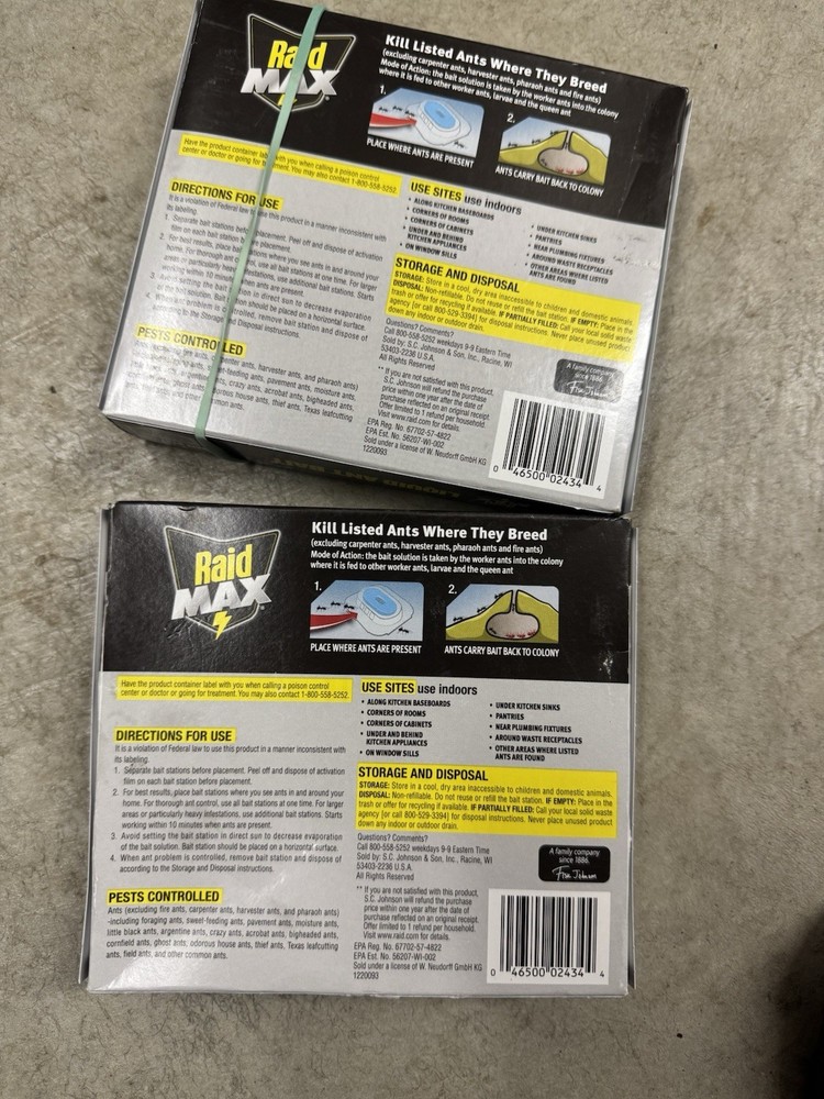 (2) RAID MAX Liquid Ant Bait Kills Queen & Colony 4 Bait Stations Per Box