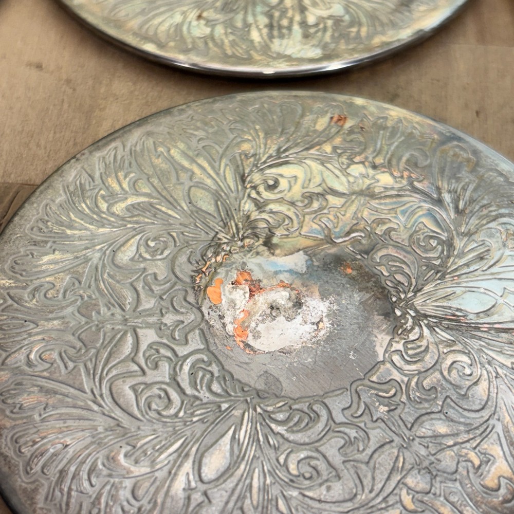 Set 9 Silverplate Coasters, Embossed Floral Pattern, Vintage, 3.5"dia