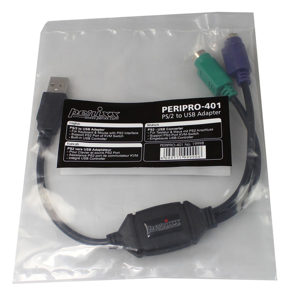 PERIPRO-401 PS2 to USB Adapter for Keyboard and Mouse - Built-in USB Controll...