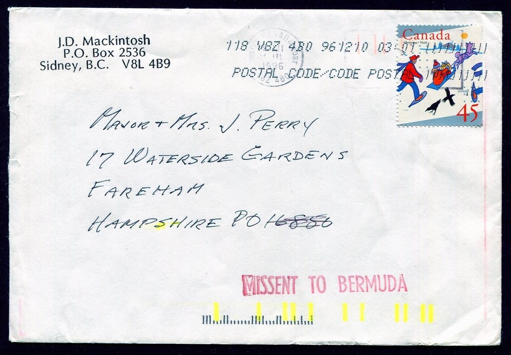 BERMUDA: (18084) B.C. CANADA MISSENT CANCEL/COVER