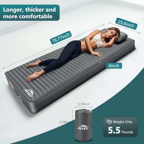 Self Inflating Sleeping Pad with Electric Pump, 4" Ultra-Thick Single Grey