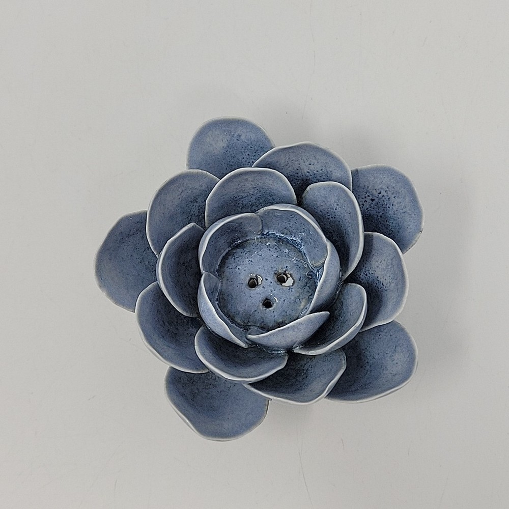 Handmade Ceramic Flower Frog 4" Blue Petal Round 3 Hole