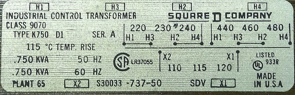 Square D 9070-K750D1 750 VA Industrial Control Transformer